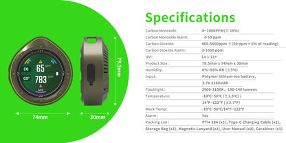 Protmex 5 in 1 Portable Multifunctional Carbon Monoxide CO2 Detector Air Quality Meter Temperature Humidity Meter with Touch Screen UV Radiation Flashlight