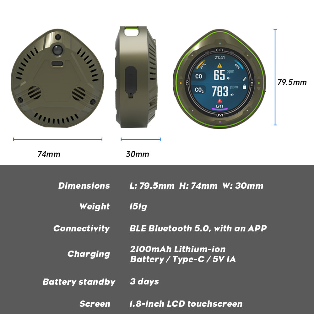 Protmex 5 in 1 Wireless Touchscreen Portable Multifunctional Carbon Monoxide CO2 Detectors Air Quality Meter Temperature Humidity Meter UV Radiation Flashlight with App