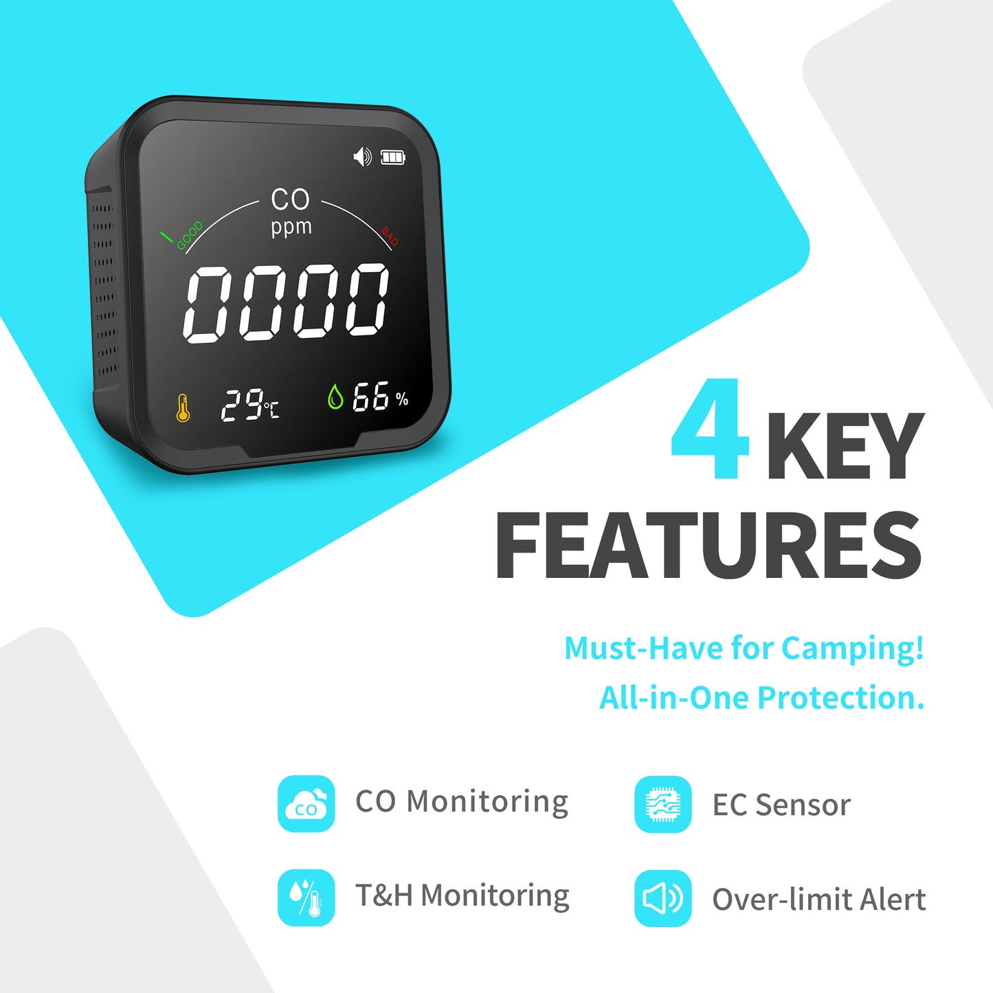 Protmex Portable 3 in 1 Multi-Function Carbon Dioxide Detector, Air Quality Monitor Real Time Monitoring Sensor/Temperature/Humidity/CO Alarm Monitor for Indoor Outdoor Travel Camping Car