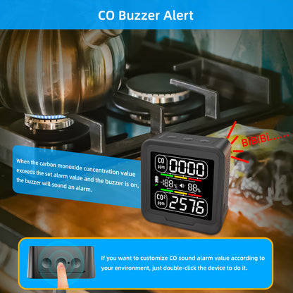 Protmex 4 in 1 CO Detector CO2 Monitor, Carbon Monoxide Detector CO CO2 Humidity Temperature Sensor Monitor with Alarm, Air Quality Monitor Indoor Meter for Homes, Car, Travel Battery Powered